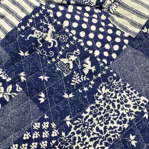 Vintage Handmade Reversible Tote Purse Top Handle Bag Blue Red Patchwork Floral - Picture 3 of 7